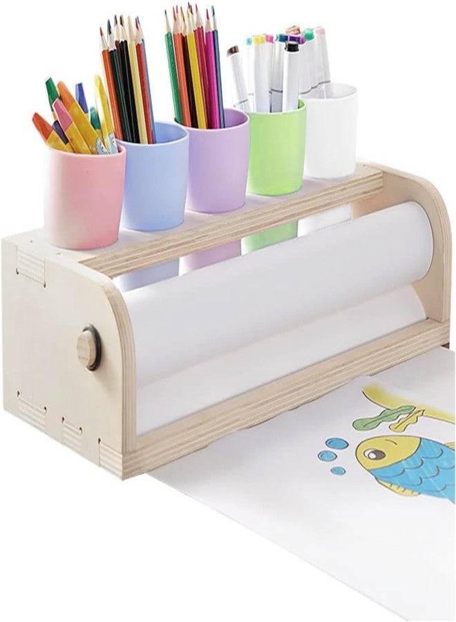 EHERDM Tabletop Paper Roll Dispenser Kids Art Easel with Five Pencil Holder Cups and Paper Rolls (15" x 16.4ft) Desktop Easel for Drawing Wooden Paper Roll Dispenser Durable Paper Roll Holder - Image 1